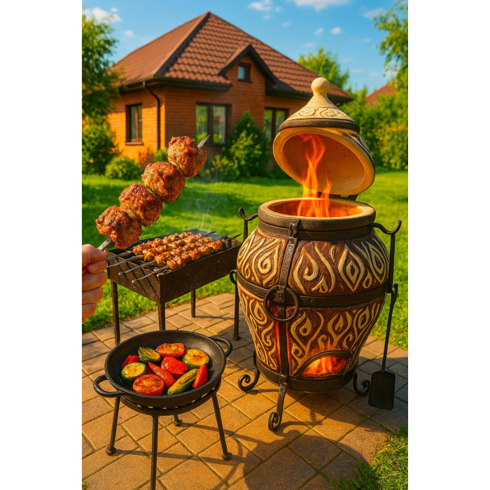 Tandyr / tandoor pec ze šamotové hlíny. Univerzální pec / gril pro přípravu kebabu, masa, zeleniny, a další. Model"Asie".Hmotnost: 145 kg.Objem: 125 dm³ (125 litrů).