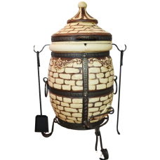 Keramická pec-Tandyr gril  5v1 -"Kostka cihla". Vhodný pro skupiny: až 8 osob. Hmotnost: 113 kg.Objem: 89 dm³ (89 litrů).